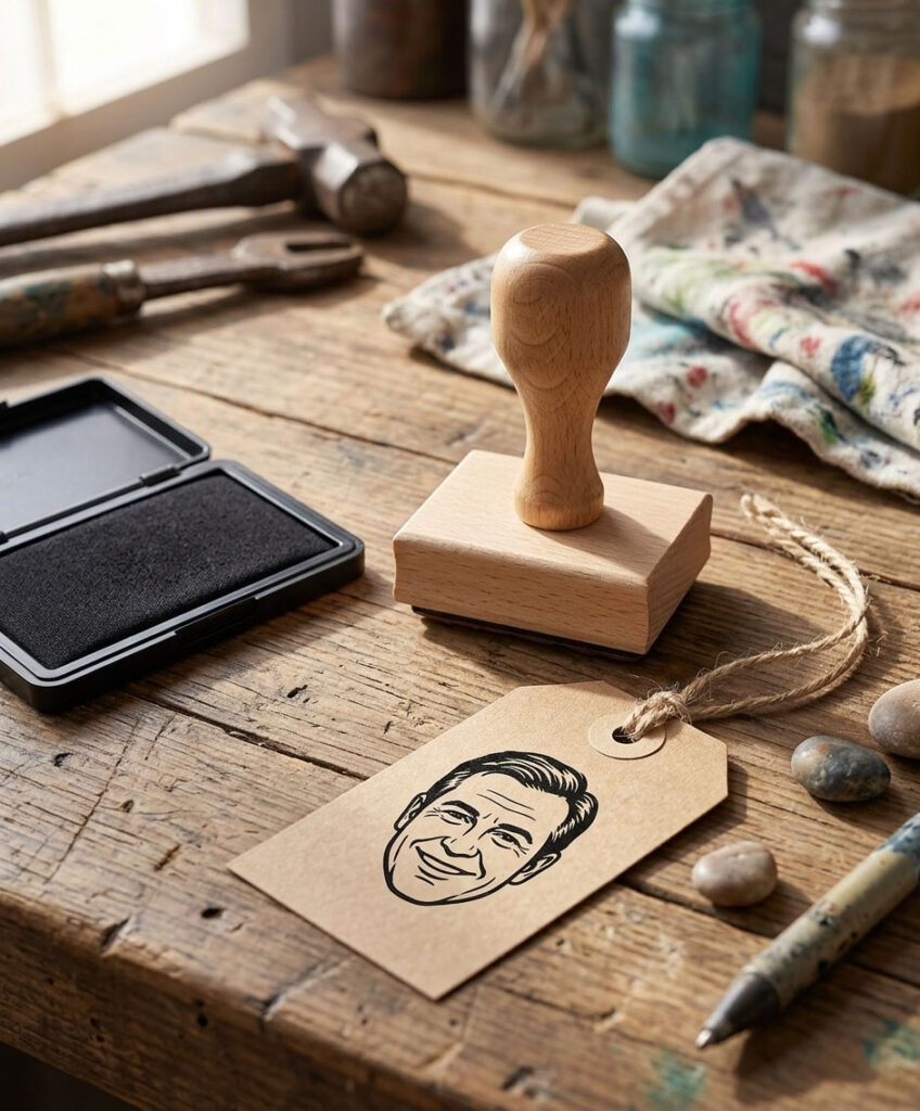 Personalized Face Stamp Gift for Men A custom wood-mounted face stamp displaying a clear ink impression on a brown gift tag.