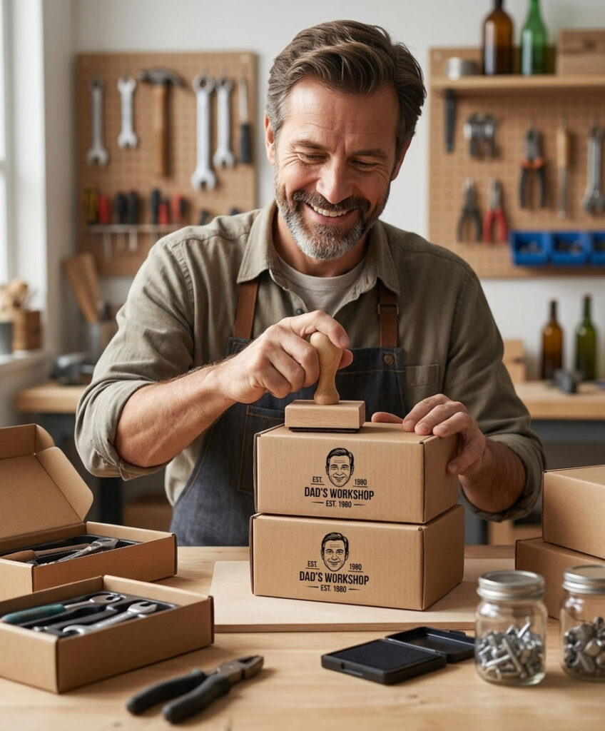 Custom Photo Stamp used for Workshop Labeling A man using a custom photo stamp to personalize cardboard boxes in his home garage. Photo Stamp, personalized gifts, custom craft tools.