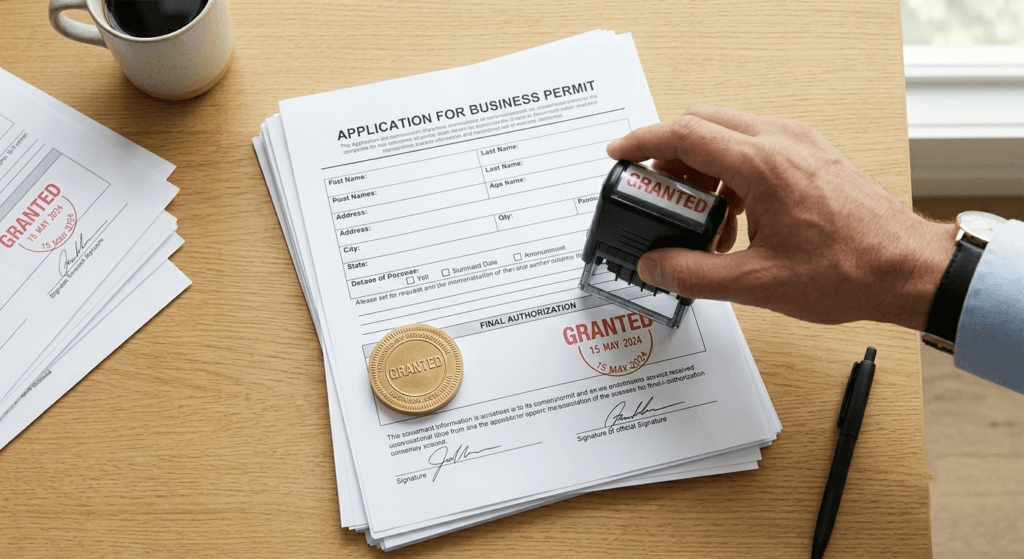 Official GRANTED Stamp for Business Authorization A hand using an official GRANTED stamp on a formal document