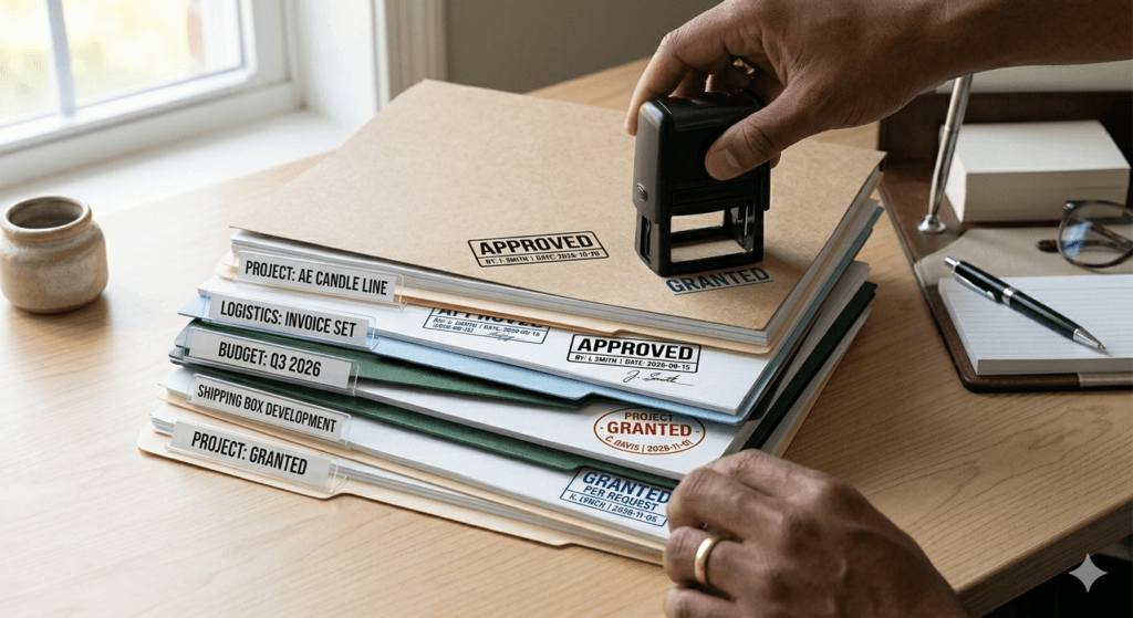 A neat stack of project files marked with GRANTED and APPROVED stamps