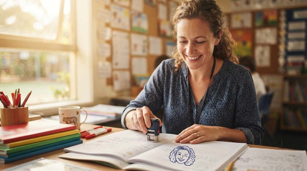 Australian primary school teacher using a custom self-inking face stamp to mark homework, showing a smiling cartoon likeness stamped in the corner of a worksheet