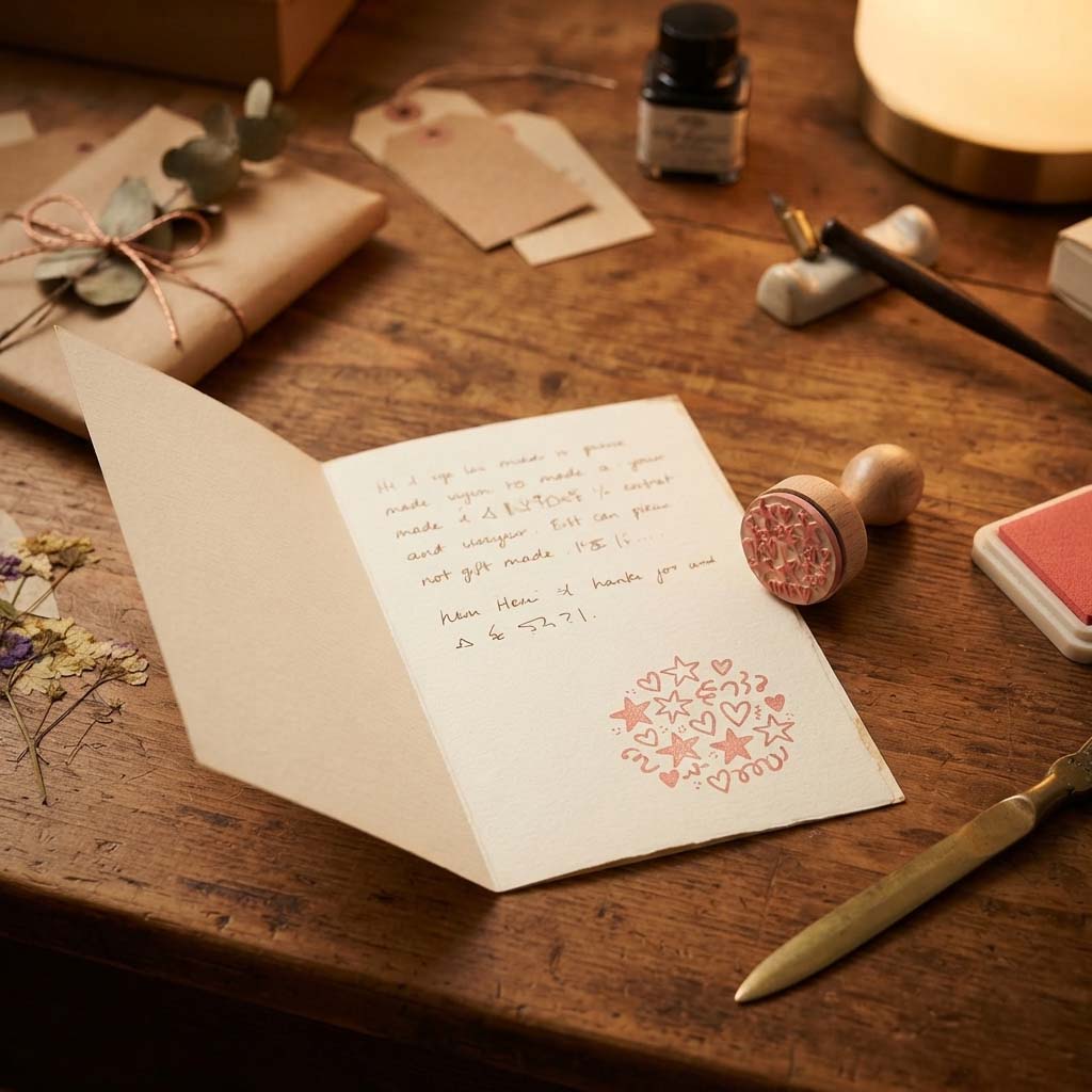 	Custom stamp with photo showing personalised stamp design on paper