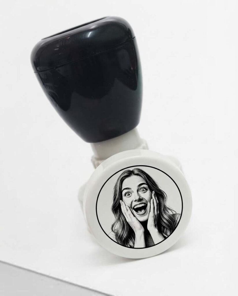 Self inking stamp with custom photo design pressed on paper